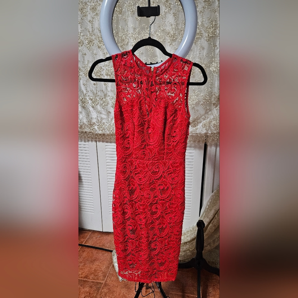 Red Lace Sleeveless Sheath Dress | Gold Back Zip | Cocktail Party